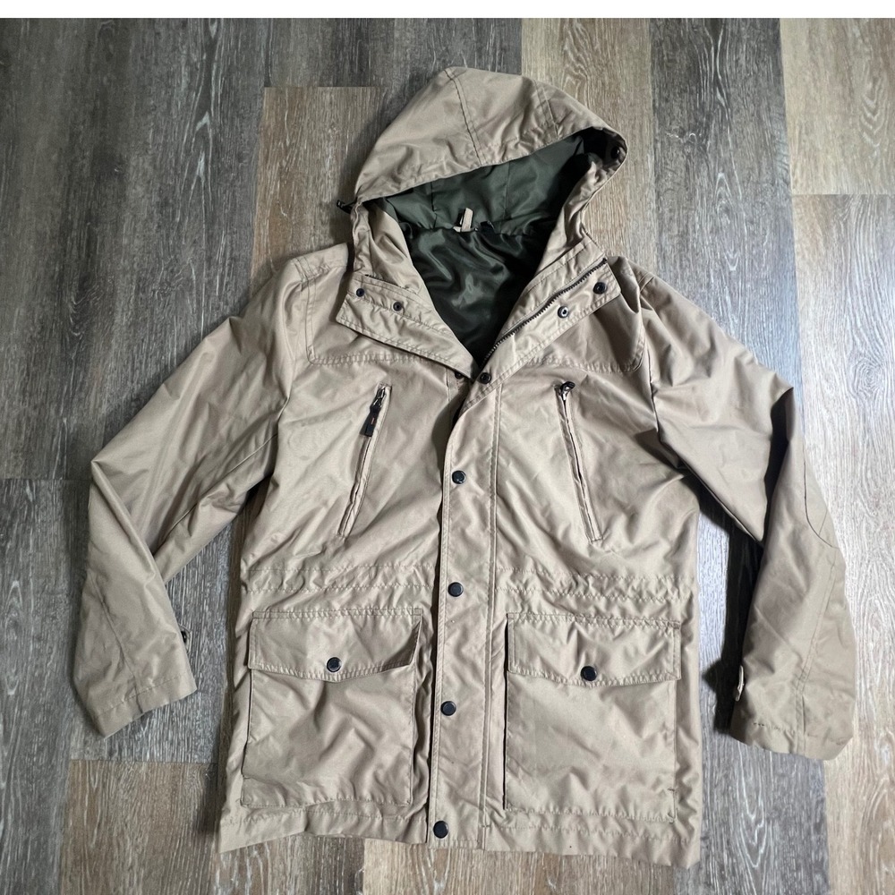 London Fog Field Jacket Mens Small Tan Hooded Full Zip Utility Coat 3407
